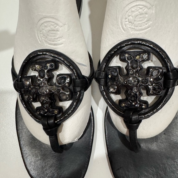 Tory Burch Miller Jeweled Crystal Leather Thong Sandals Black - Picture 3 of 10
